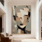 3D textured abstract portrait 'Inner Stillness' wall art with beige, gray, black tones in elegant living room - Lumi Gallery