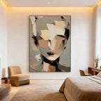 3D textured abstract portrait wall art 'Inner Stillness' with neutral tones, mounted in modern bedroom at Lumi Gallery.