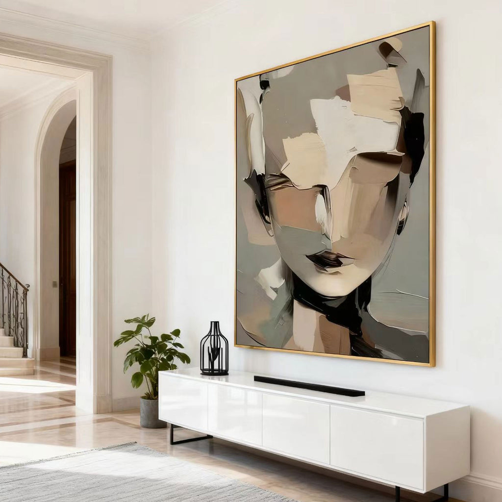 Abstract portrait wall art with textured details, gold frame - Lumi Gallery