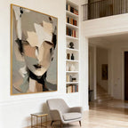 3D textured abstract portrait wall art 'Inner Stillness' with neutral tones, gold frame, modern interior