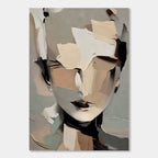 3D textured abstract portrait wall art 'Inner Stillness' in neutral tones of beige, gray, black, and soft green, with layered brushstrokes creating depth.