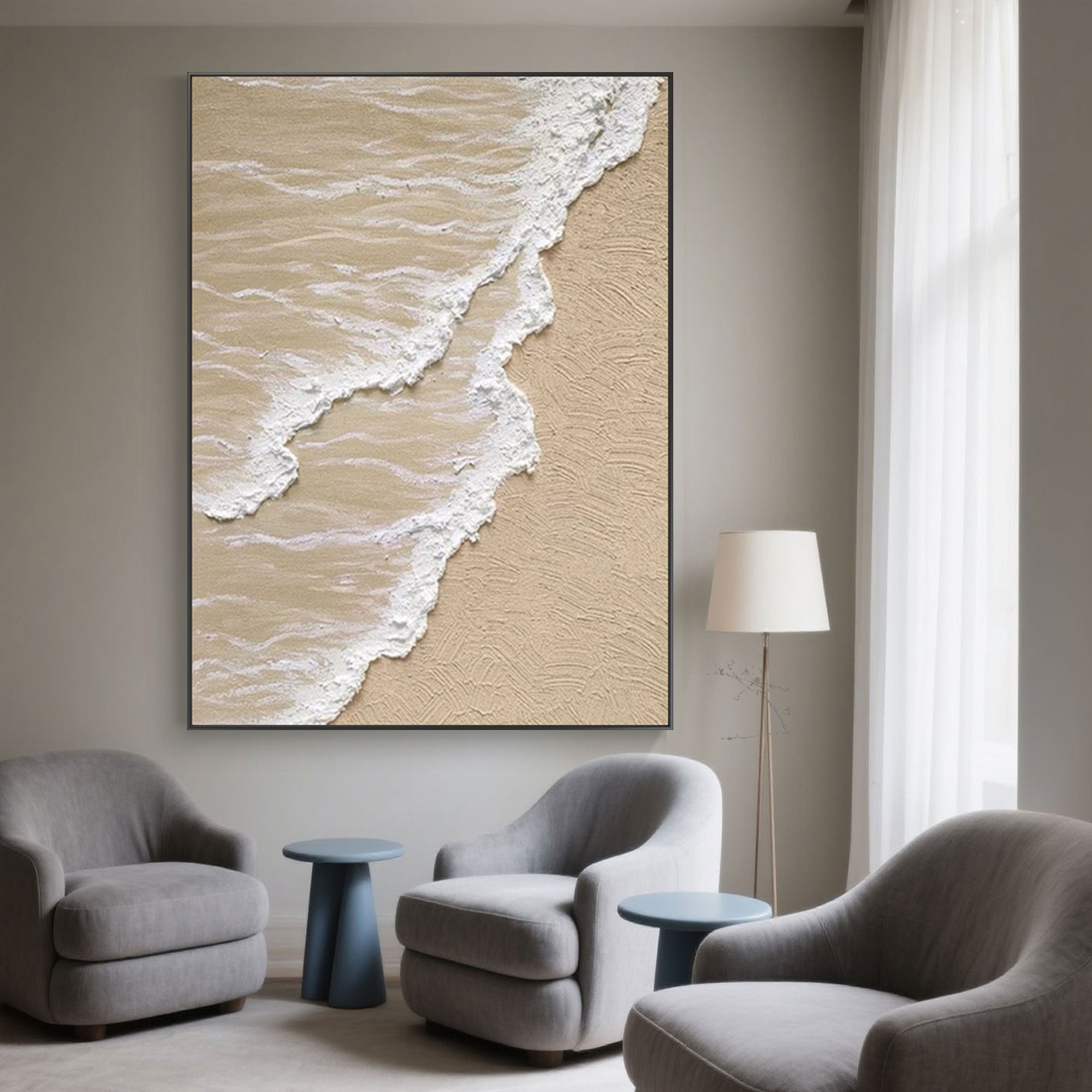 Framed beige and white ocean wave art on wall in living room.