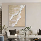 Vertical 'Shoreline' canvas art above console in neutral living space.