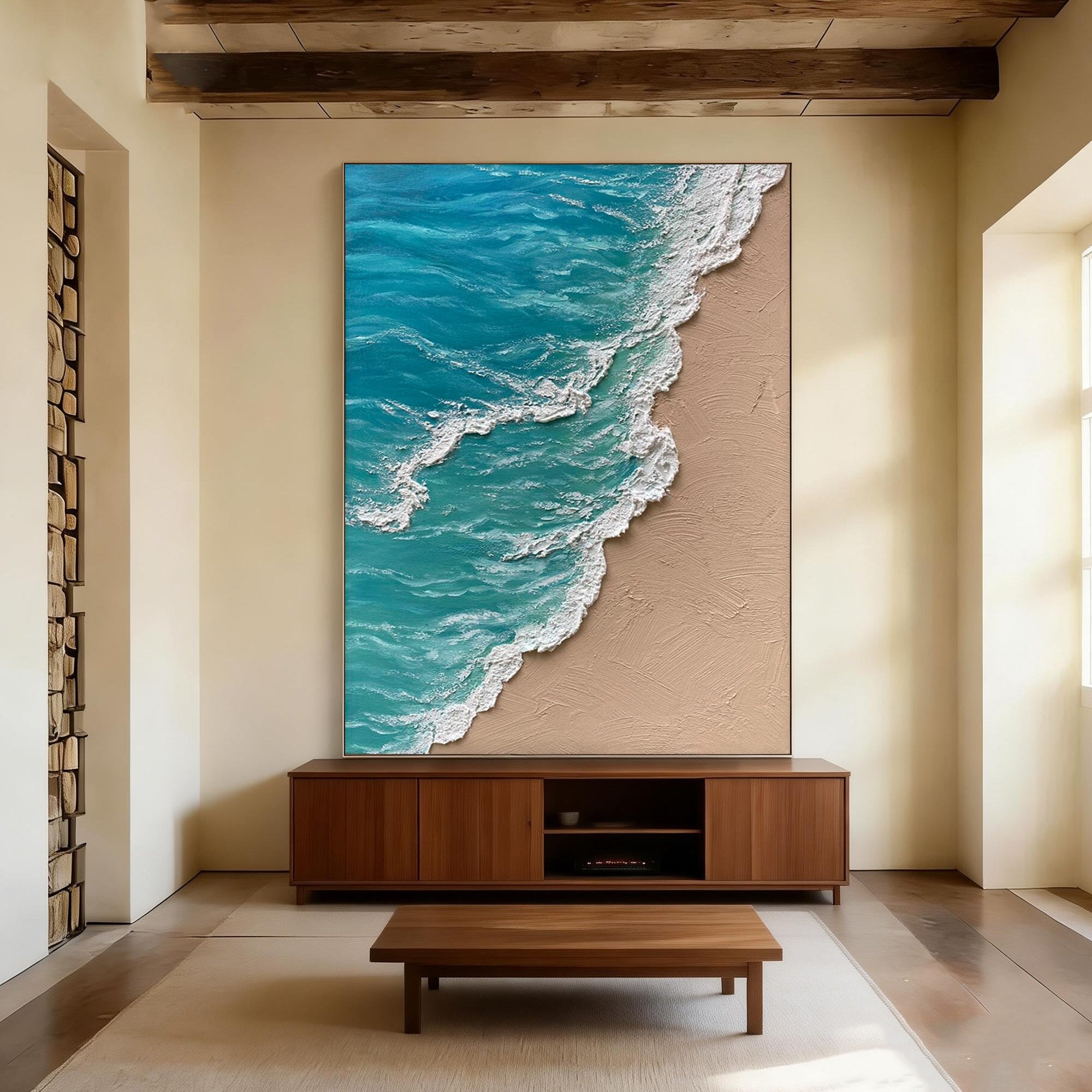 3D textured abstract blue ocean painting 'Azure Sediment' with turquoise waves and sandy beach, displayed in modern living room.