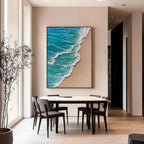 Lumi Gallery's 3D textured abstract blue ocean canvas art with turquoise waves in modern dining room