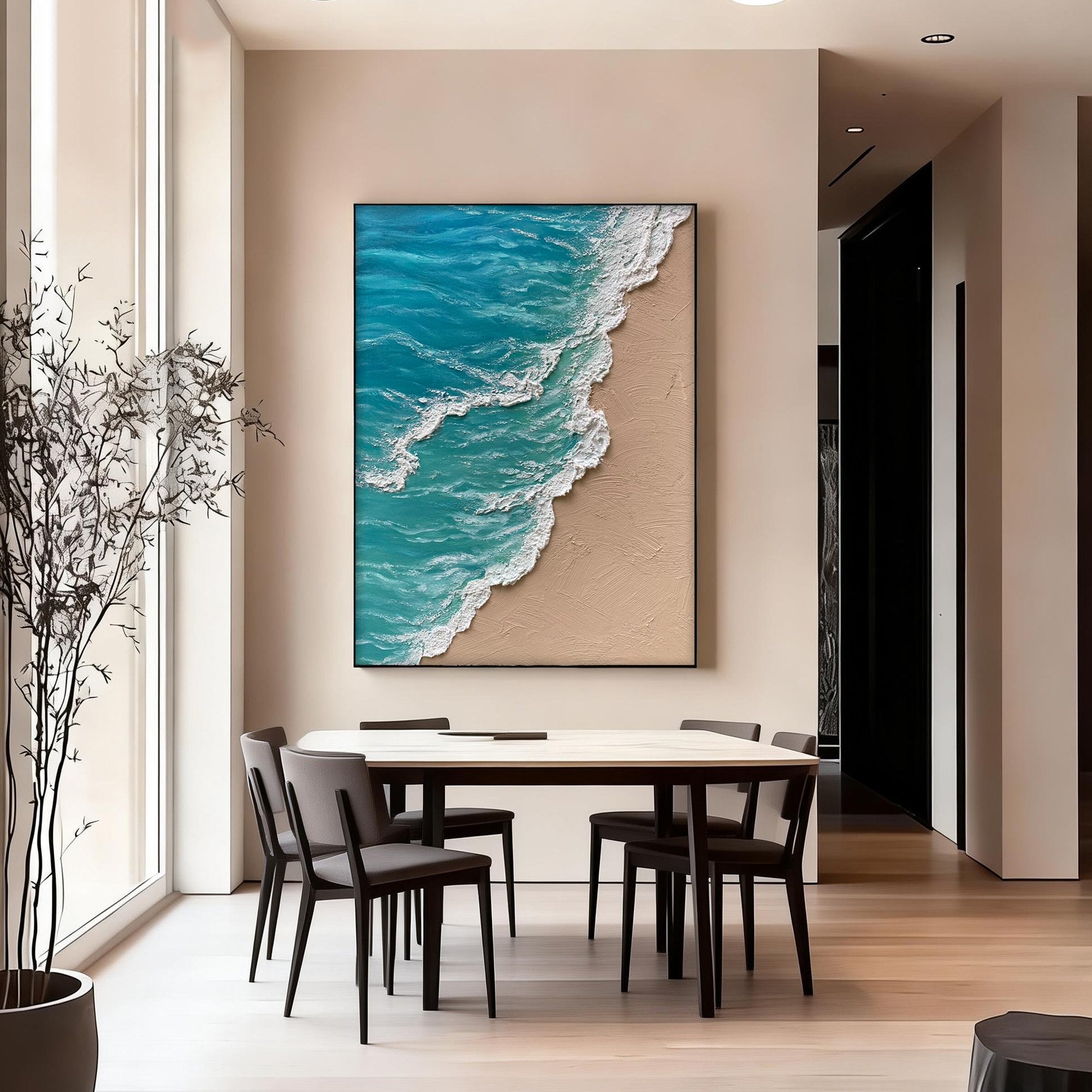 Lumi Gallery's 3D textured abstract blue ocean canvas art with turquoise waves in modern dining room