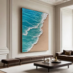 3D textured abstract blue ocean canvas art 'Azure Sediment' in modern living room by Lumi Gallery