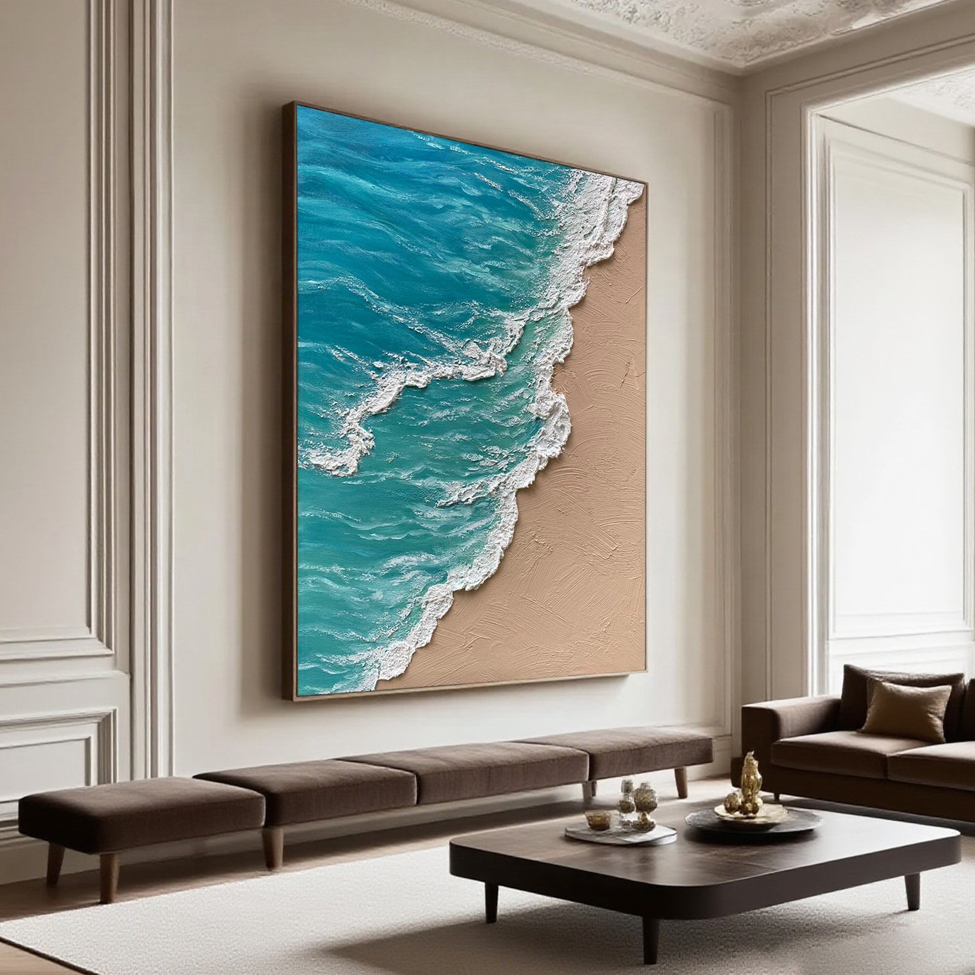 3D textured abstract blue ocean canvas art 'Azure Sediment' in modern living room by Lumi Gallery