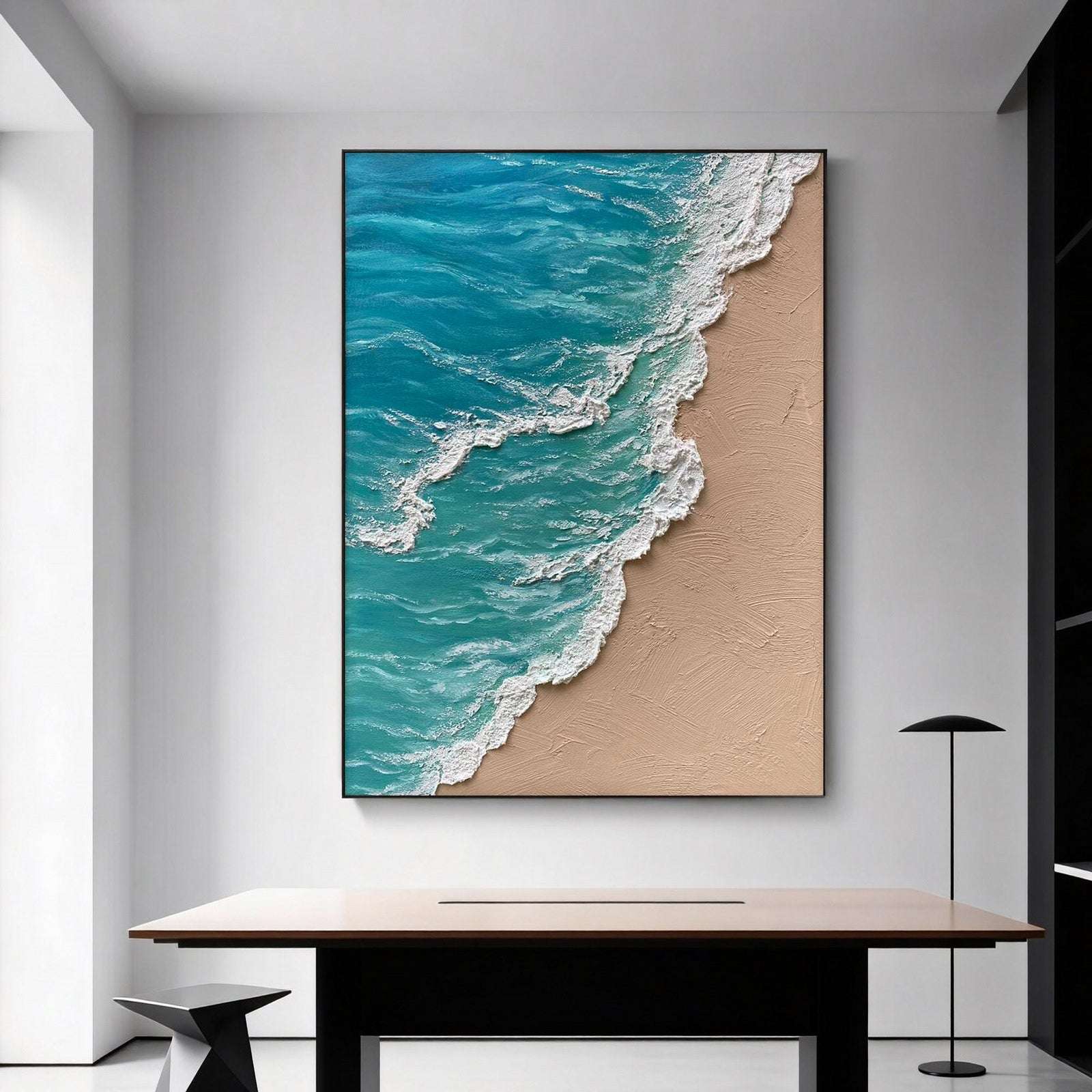 3D Textured Blue Ocean Canvas Painting Minimalist Large Vertical