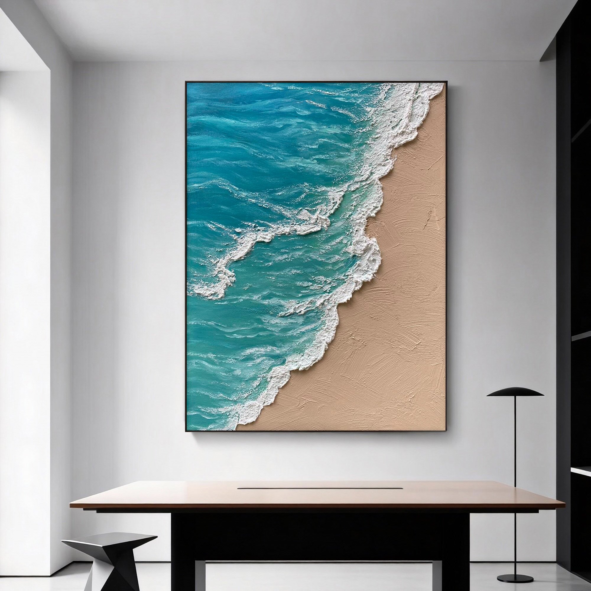 3D textured abstract blue ocean canvas wall art in modern room by Lumi Gallery