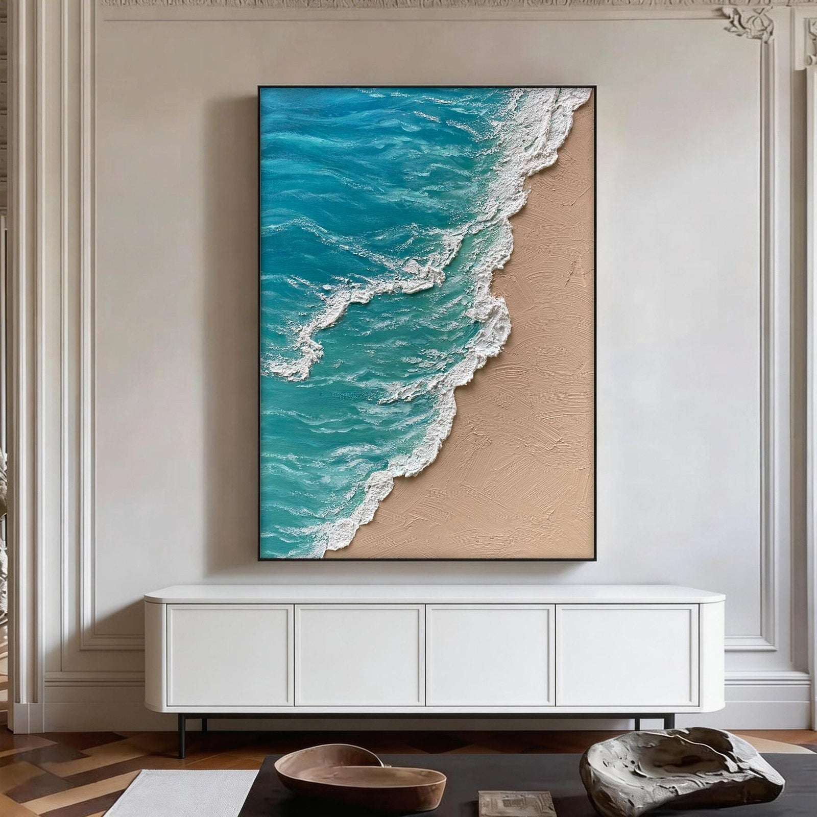 3D Textured Blue Ocean Canvas Painting Minimalist Large Vertical
