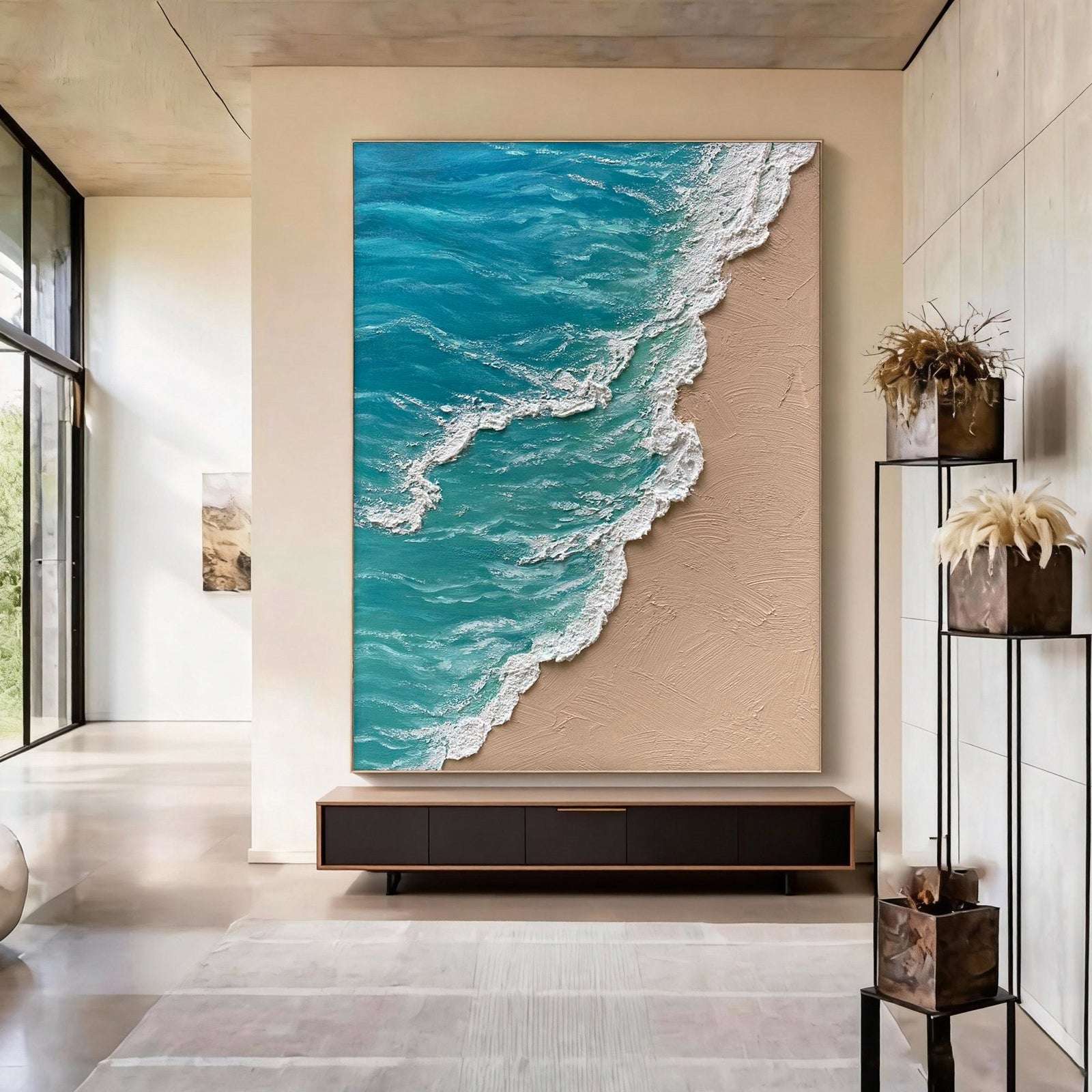 3D Textured Blue Ocean Canvas Painting Minimalist Large Vertical