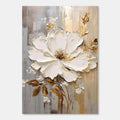 3D textured floral canvas art, Golden Whisper, close-up of white and gold flower.