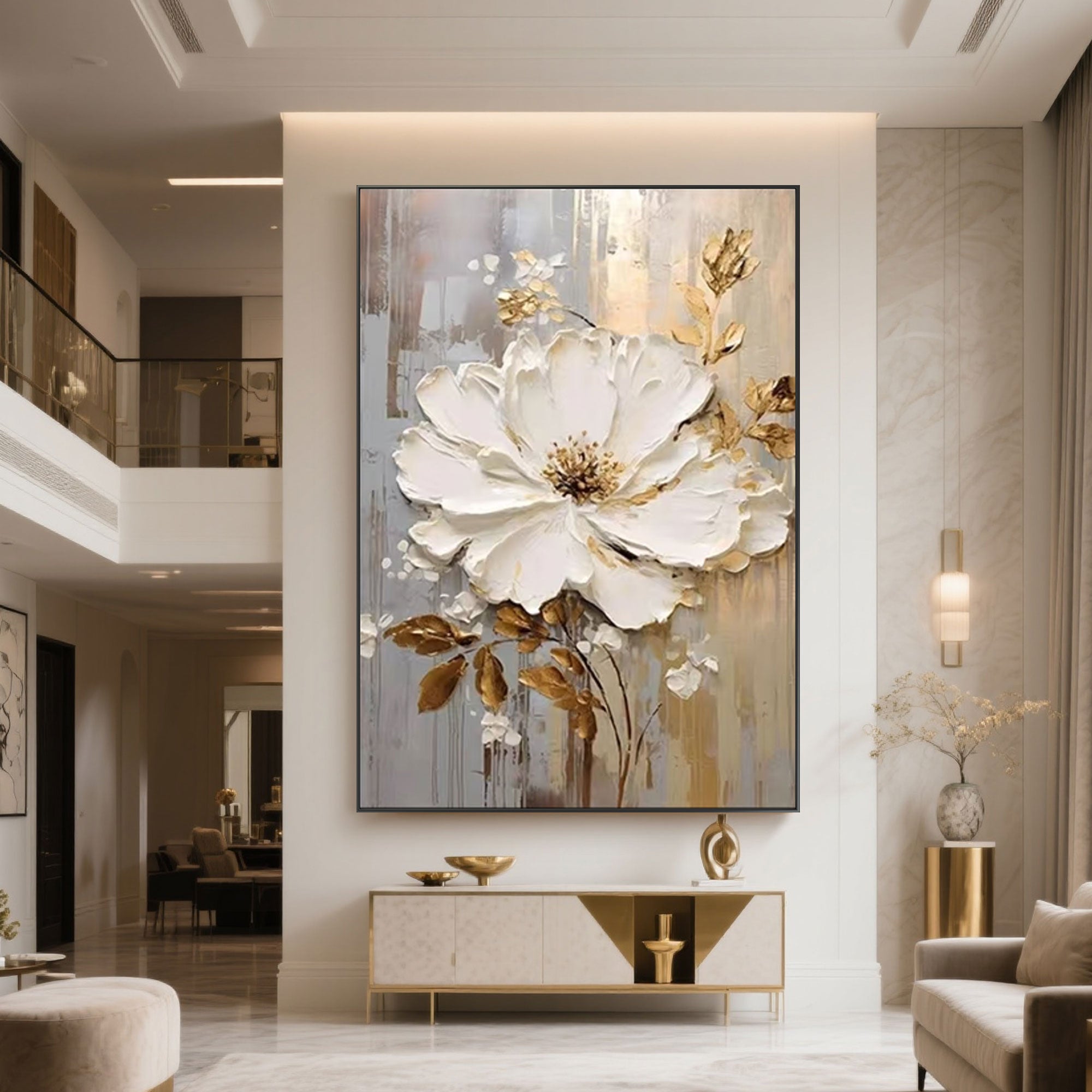 Golden Whisper canvas art in a modern living room setting above a console table.