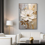 3D floral canvas art, Golden Whisper, in a contemporary living room with white furniture.