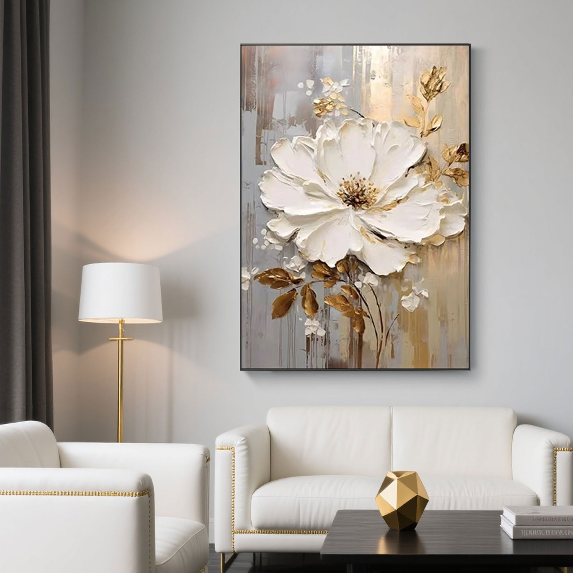 3D floral canvas art, Golden Whisper, in a contemporary living room with white furniture.