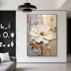 Textured floral abstract art, 'Golden Whisper', displayed in a modern home interior.