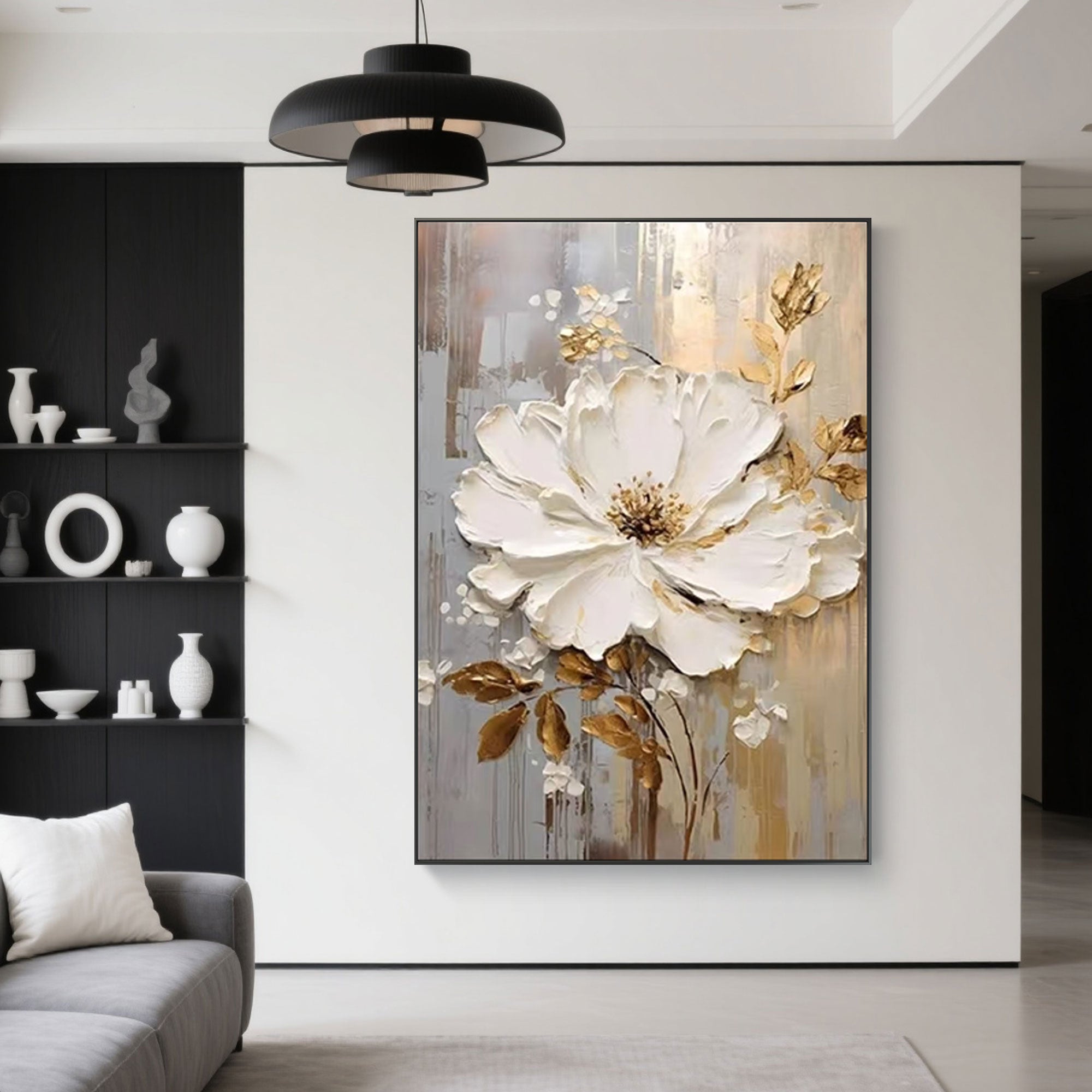 Textured floral abstract art, 'Golden Whisper', displayed in a modern home interior.
