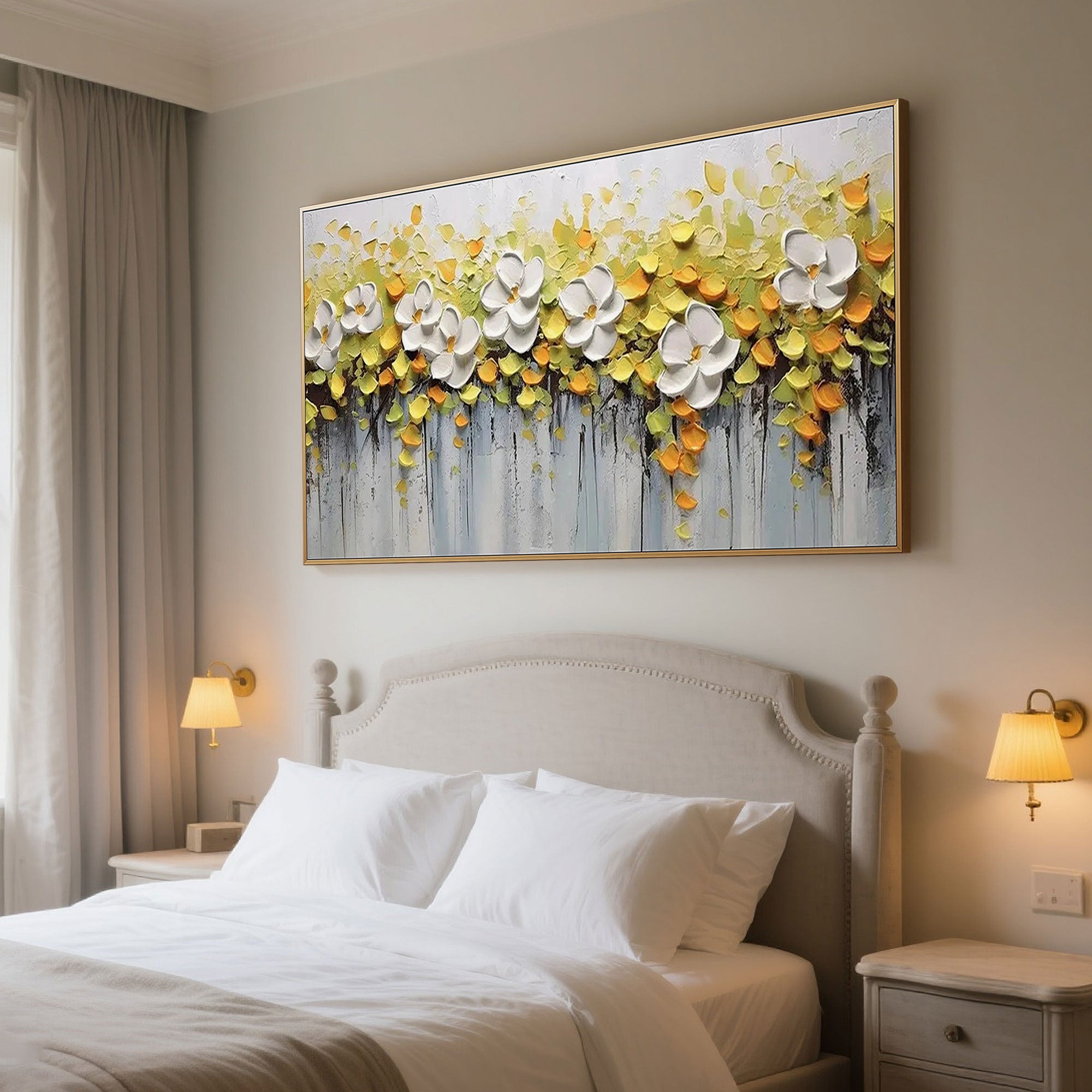 3D floral canvas art with a gold frame showcased in a stylish bedroom interior.
