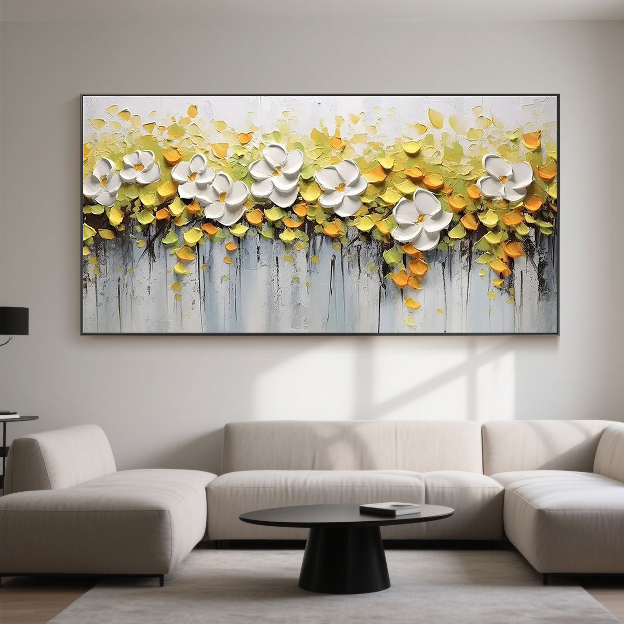 Floria hand-painted floral canvas art displayed in a modern living room setting.