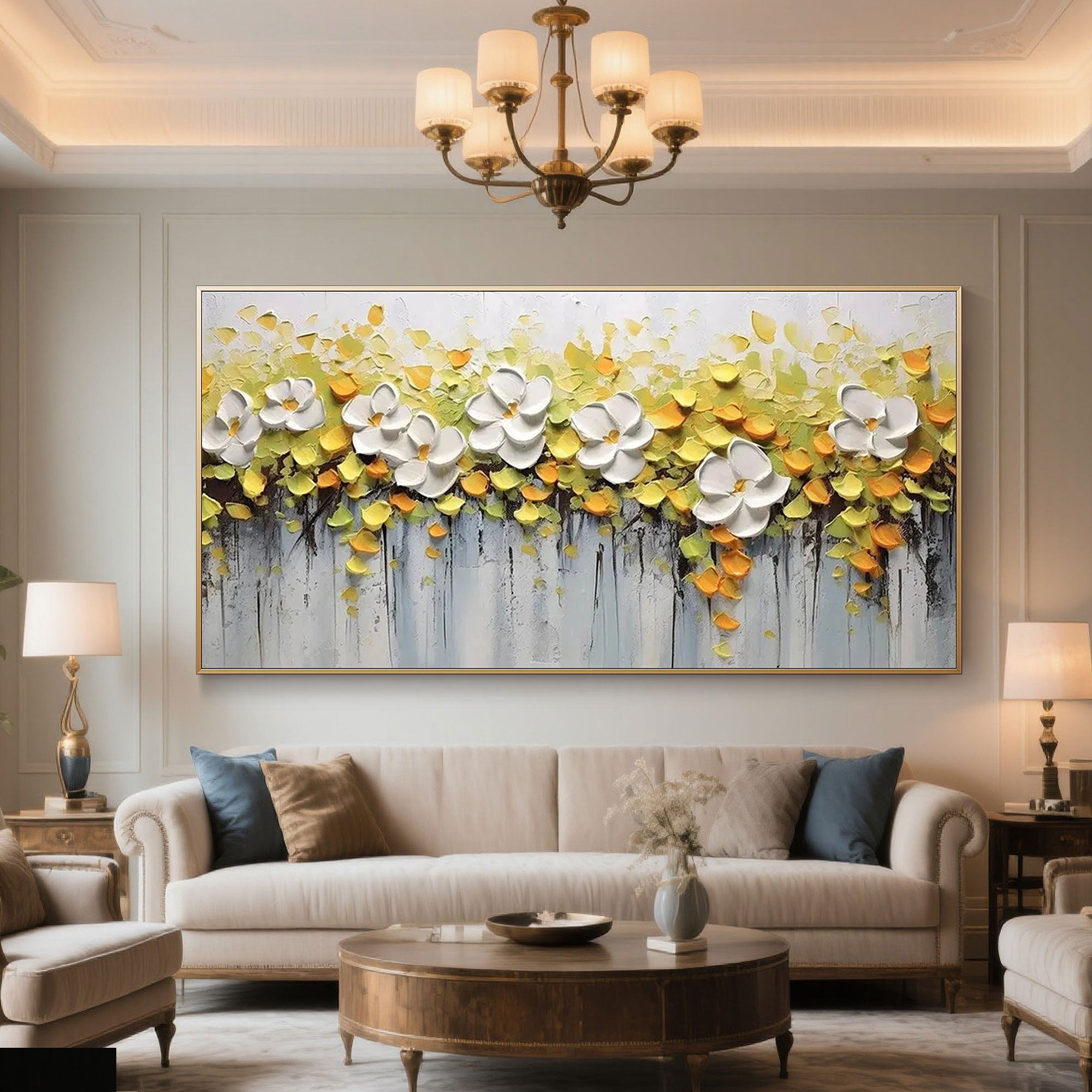 Framed Floria canvas art hanging above a sofa, enhancing a living room's decor.