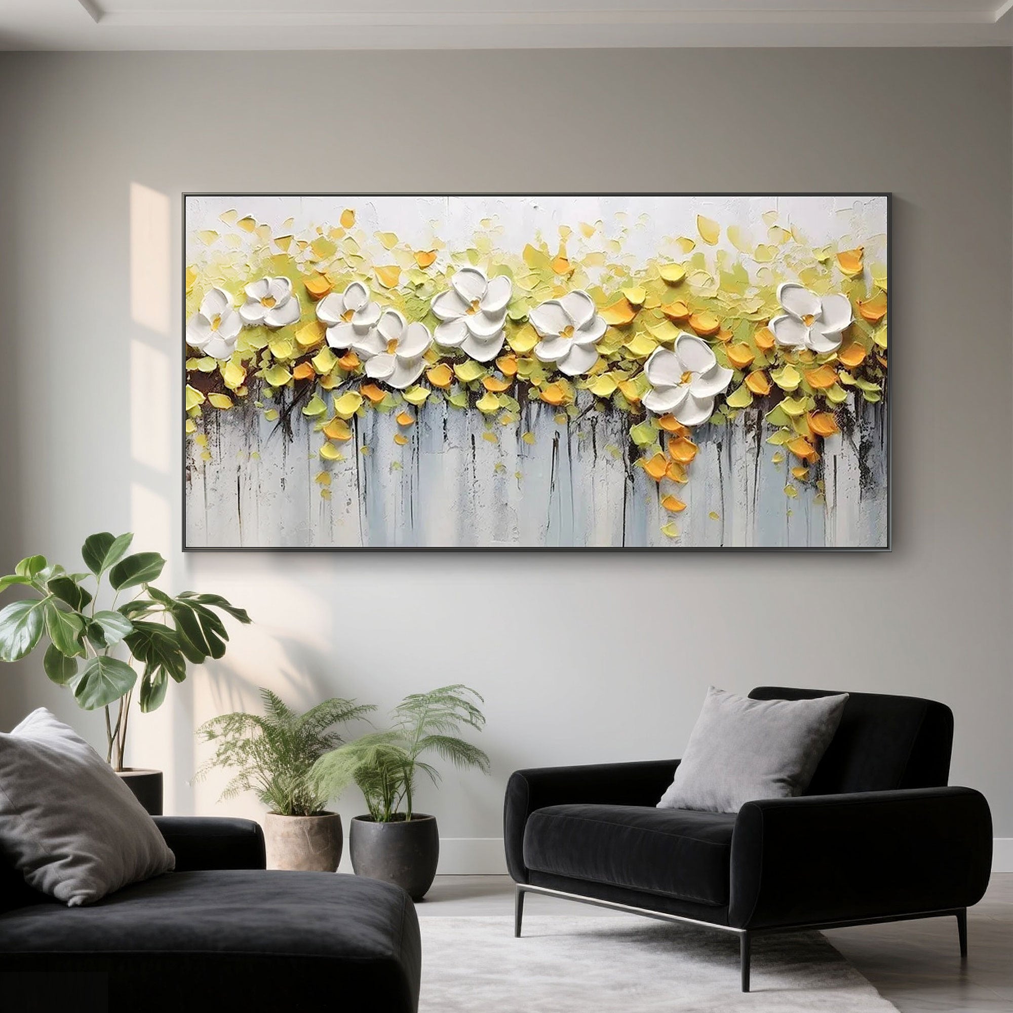 Hand-painted 3D floral art with palette knife texture.