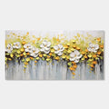 Textured 3D floral painting featuring white blossoms with yellow and orange accents on a horizontal canvas.