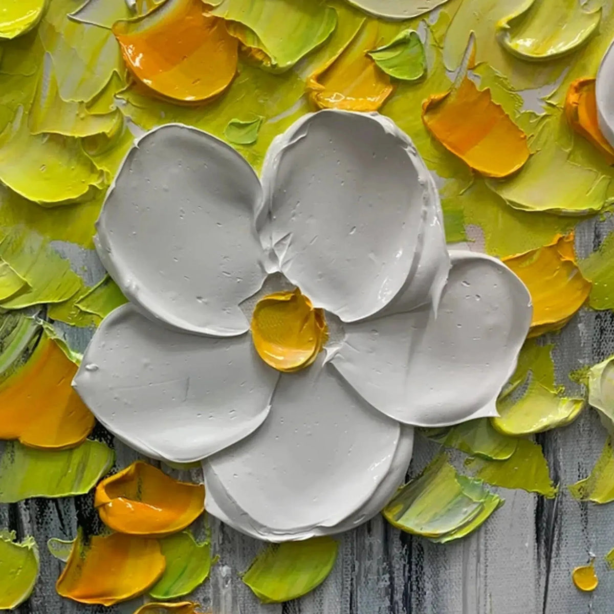Close-up of the 3D texture and floral details on the canvas art.