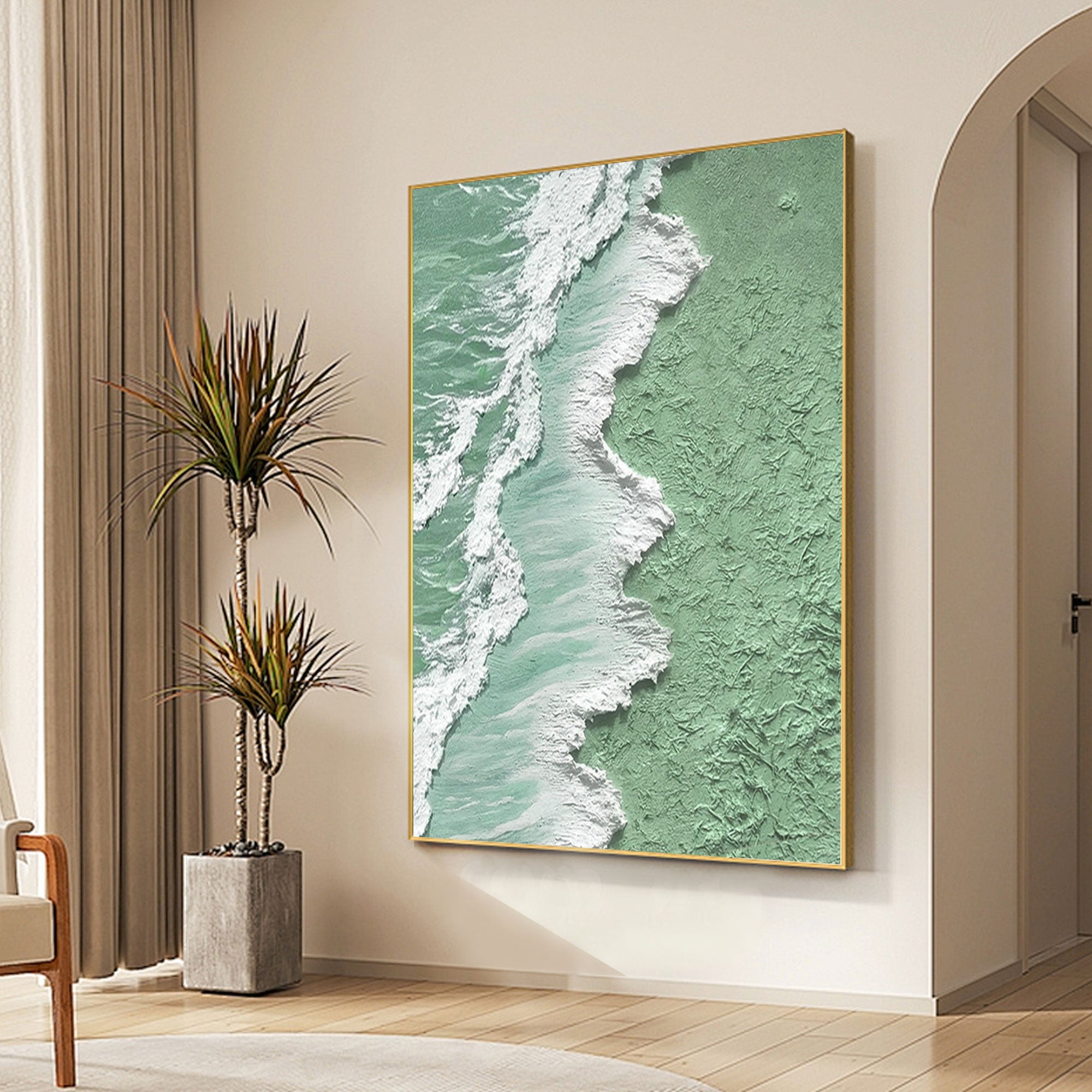 'Tidal Green' textured wave art with gold frame in hallway setting.