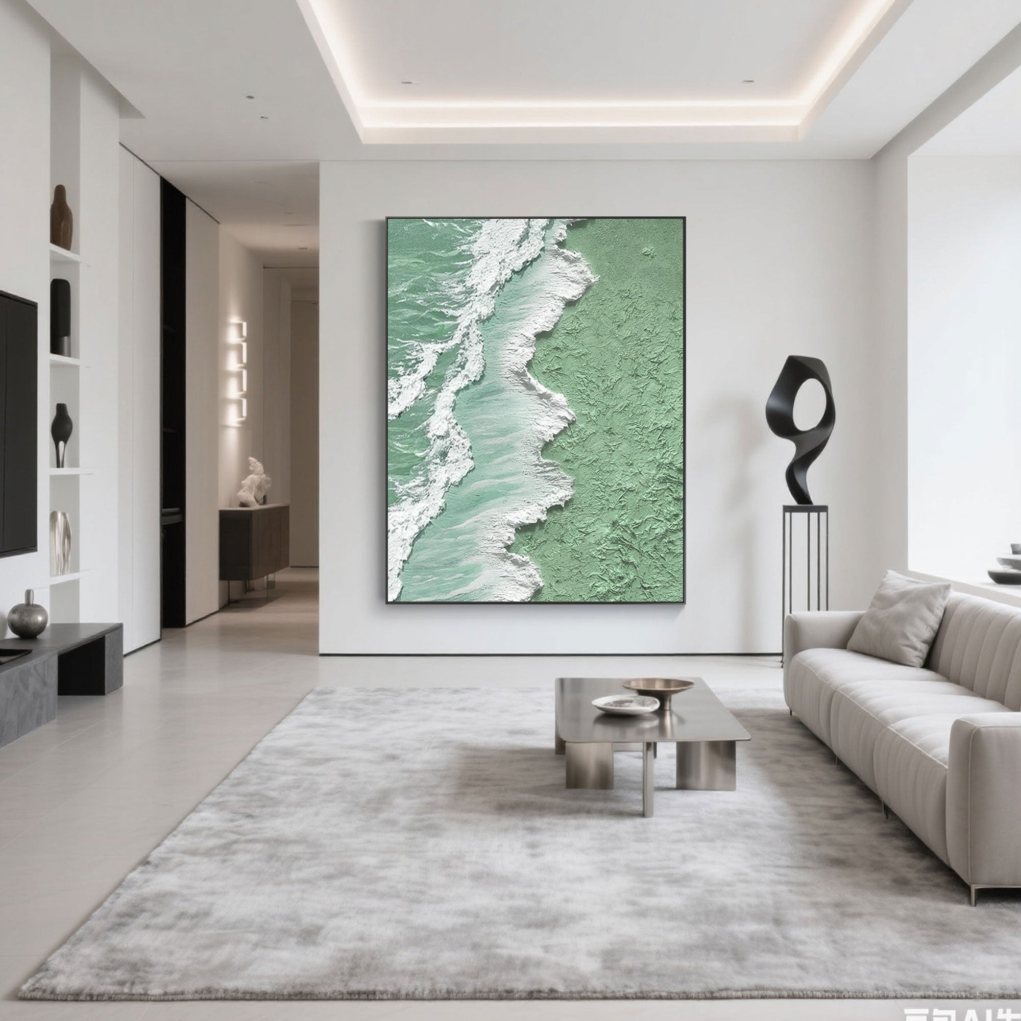 3D Textured Green White Wave Wall Art - Tidal Green