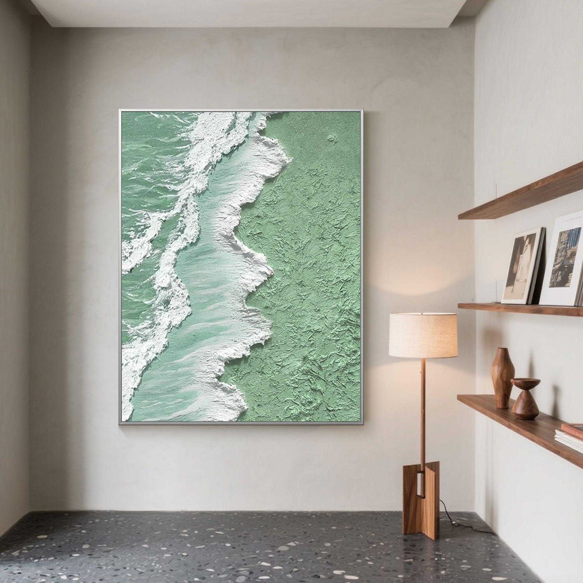 3D textured 'Tidal Green' wave art in a modern living room.