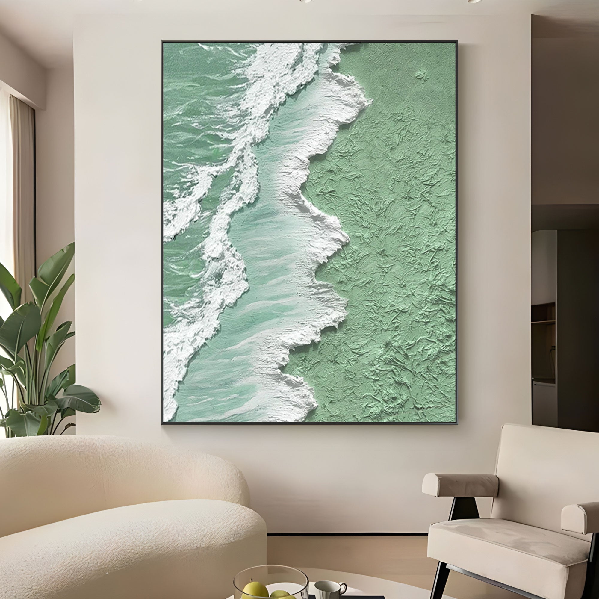 Green and white 'Tidal Green' wave painting above a sofa.