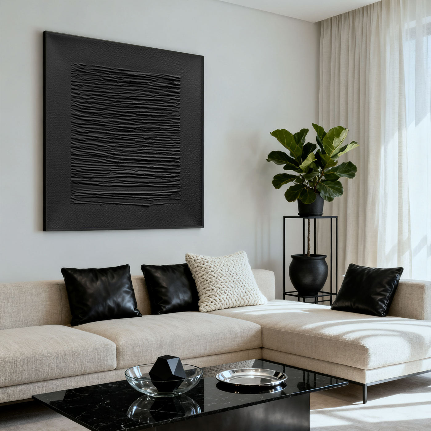 Lumi Gallery's 3D textured minimalist black Silent Lines art in modern living room