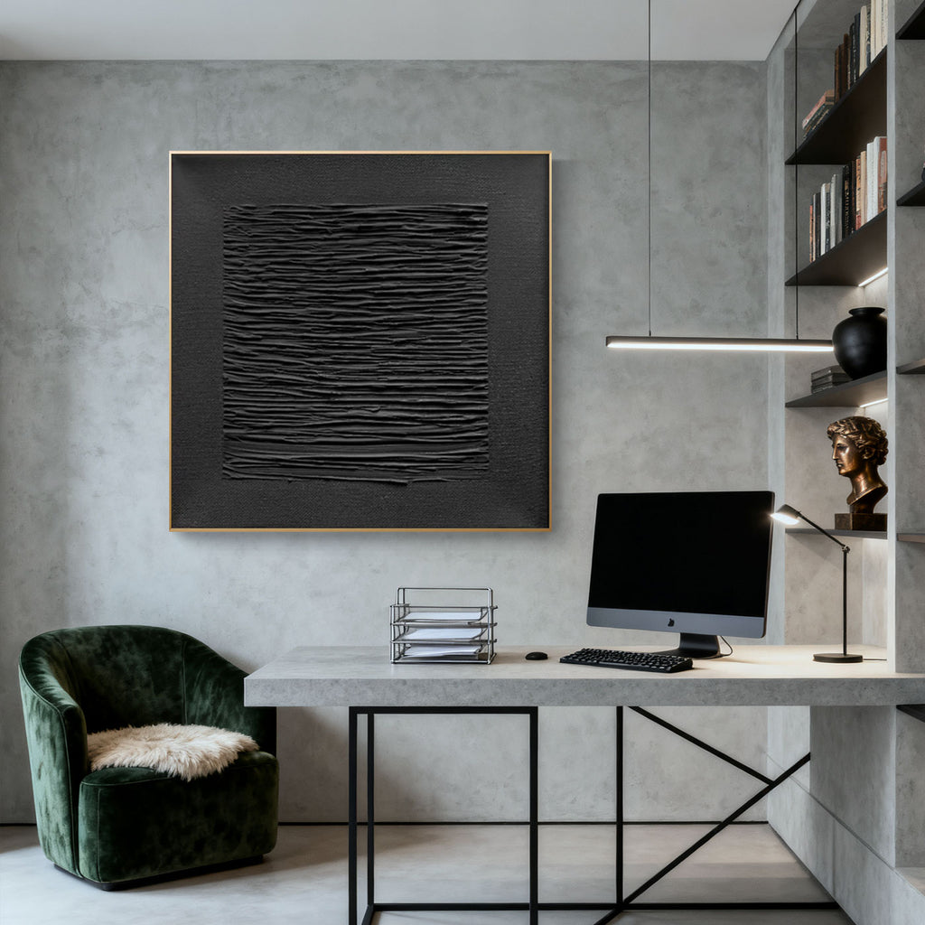 3D textured minimalist black wall art 'Silent Lines' in modern office with concrete walls