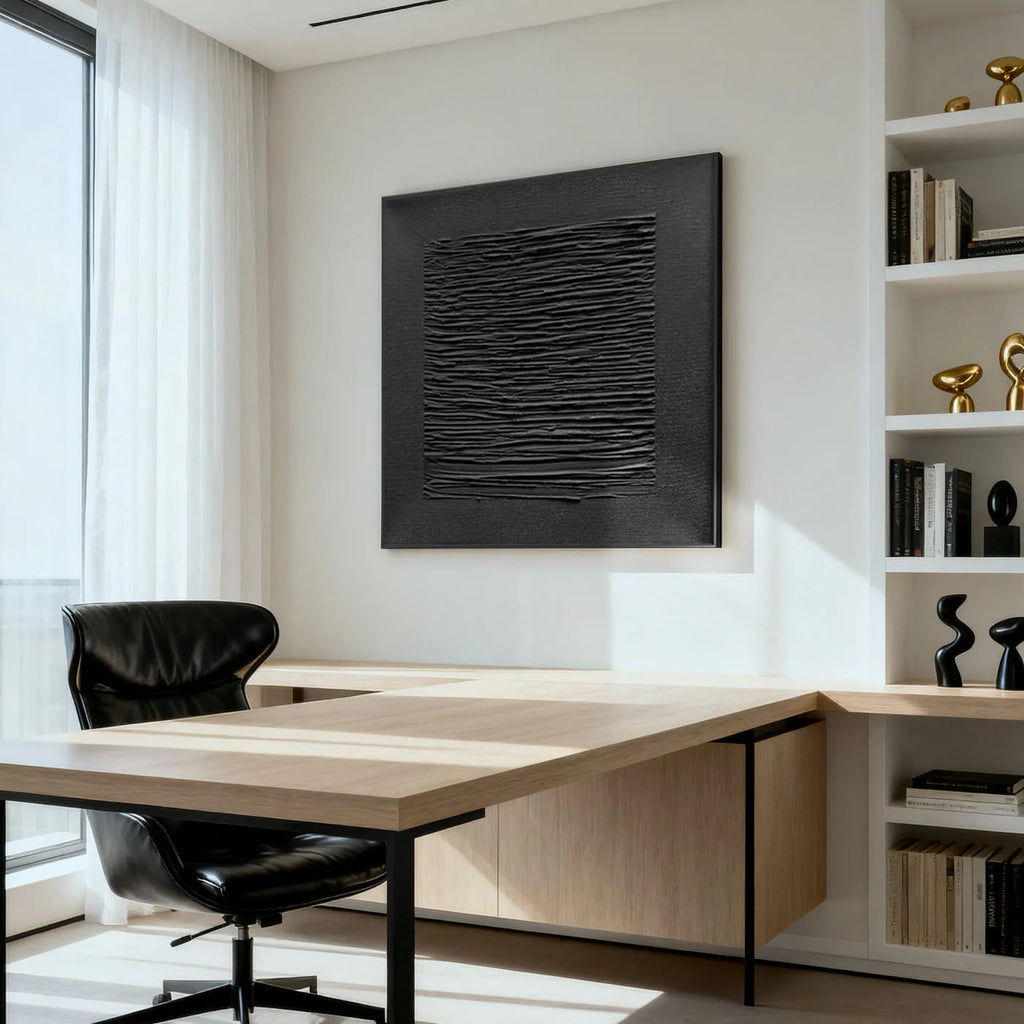 Lumi Gallery's 3D textured minimalist black art 'Silent Lines' on white office wall