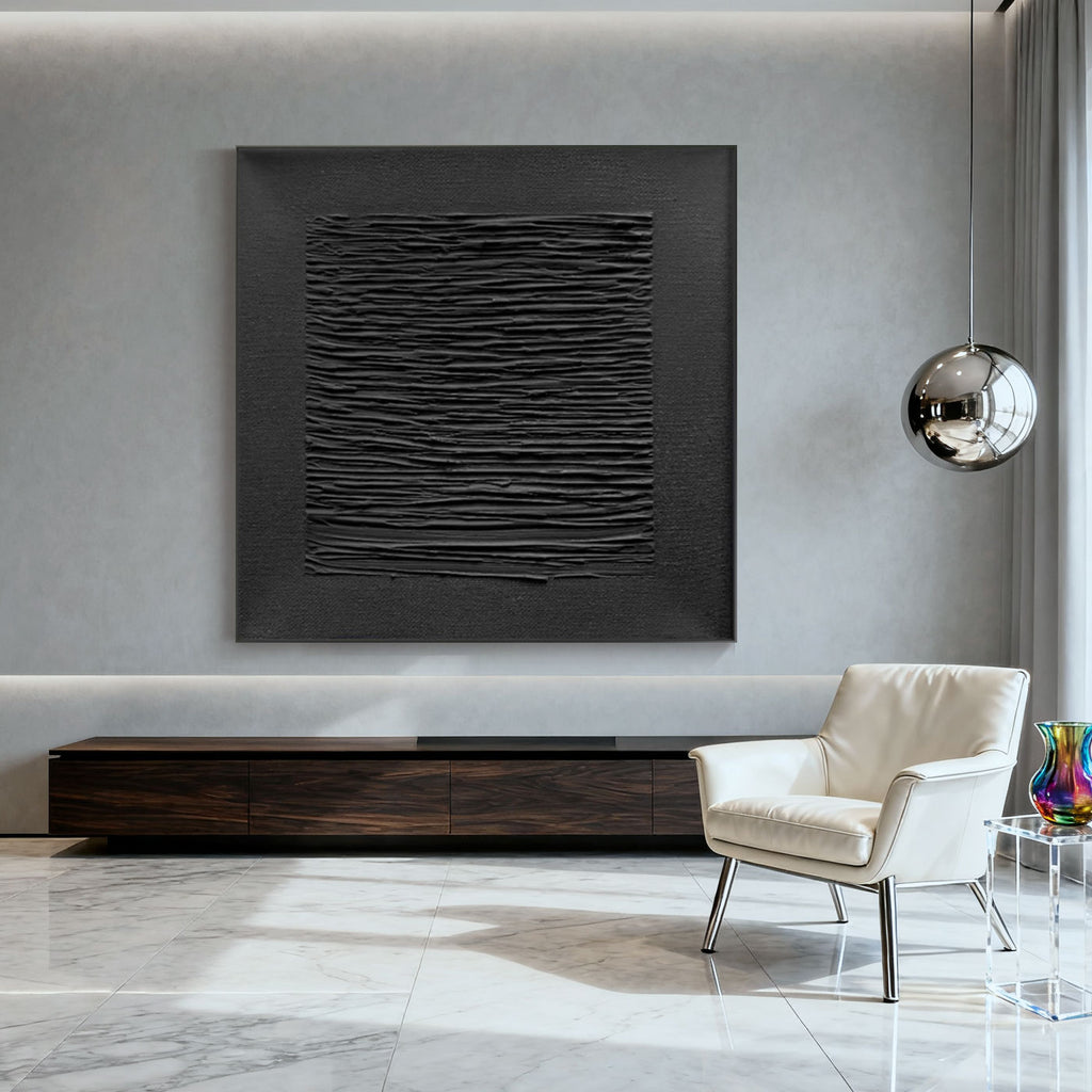 3D Textured Minimalist Black Wall Art - Silent Lines by Lumi Gallery - modern living room decor