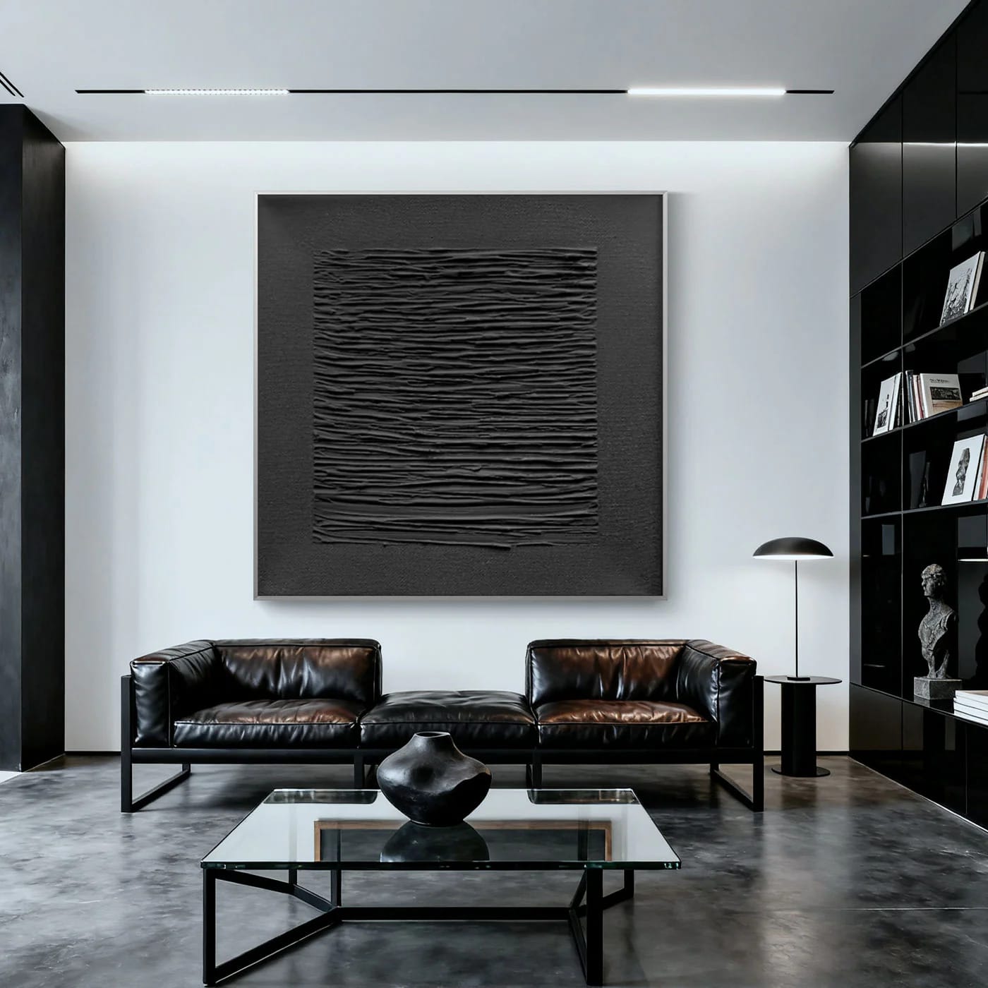 Lumi Gallery's 3D textured minimalist black wall art in modern living room