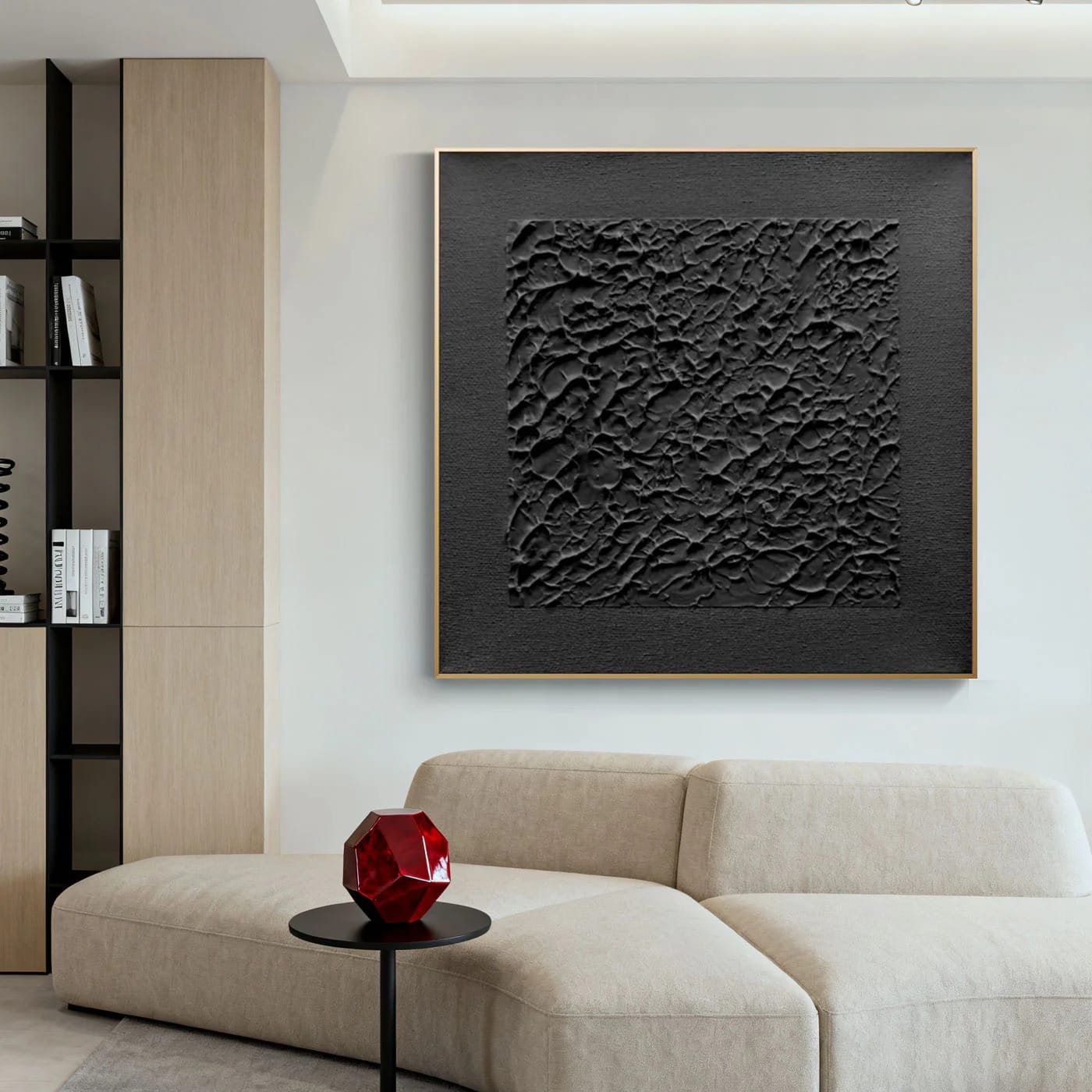 Lumi Gallery's 3D textured minimalist black canvas art with stone skin detail in modern living room