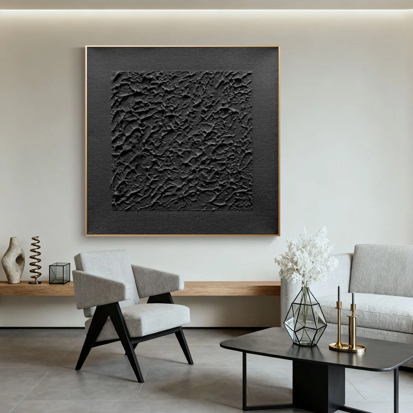 Lumi Gallery's 3D textured black canvas art in modern living room