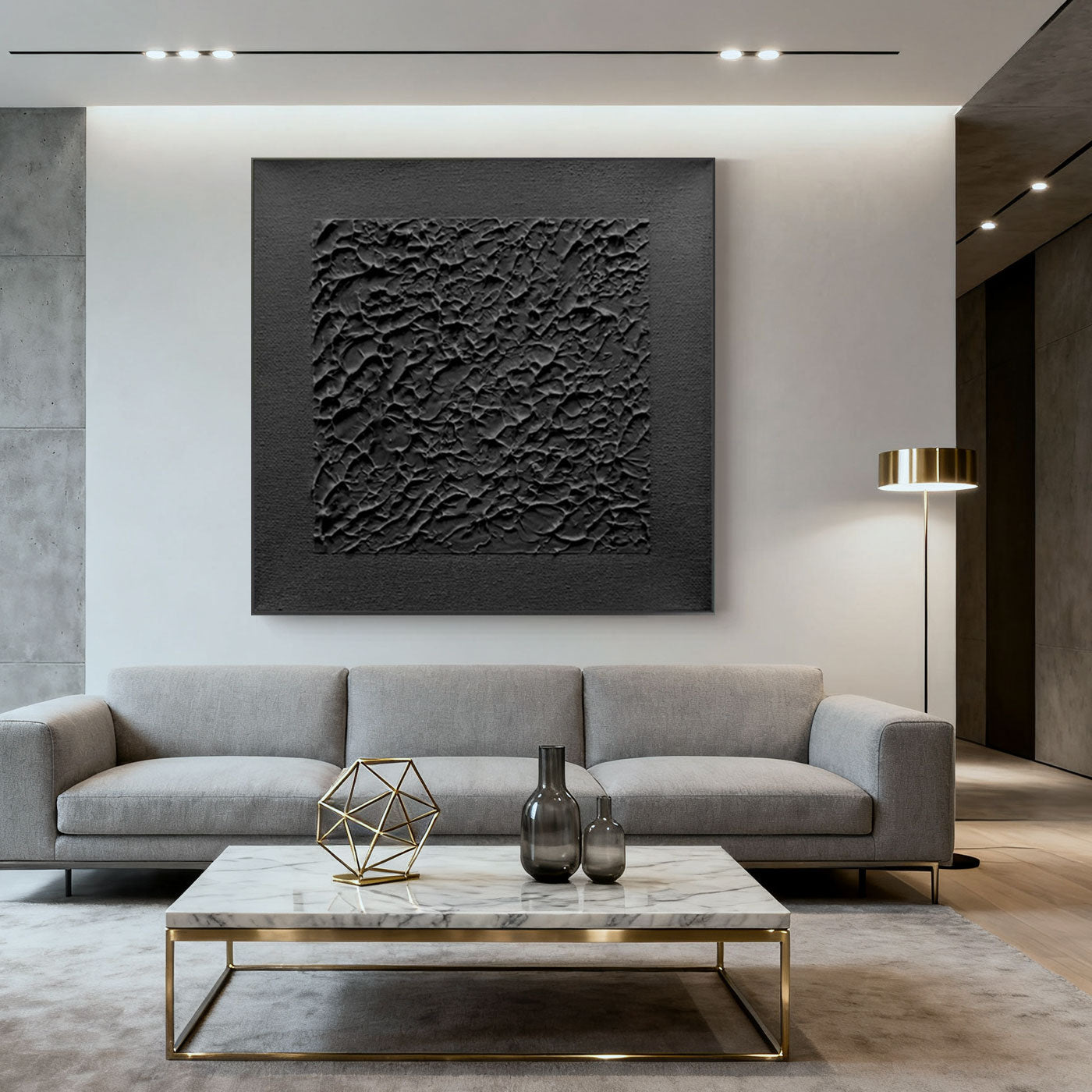 3D textured minimalist black canvas art 'Stone Skin' by Lumi Gallery in modern living room