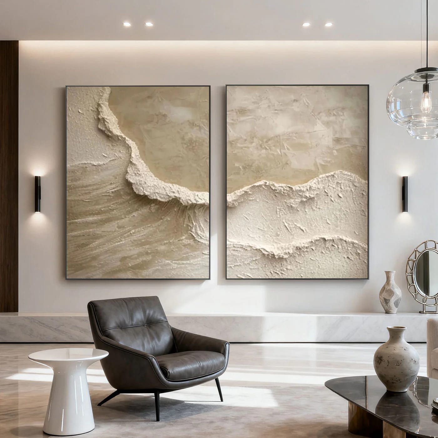 Large vertical minimalist modern 3D textured coastal painting set of 2 with brown and beige earth tones, sculptural plaster w
