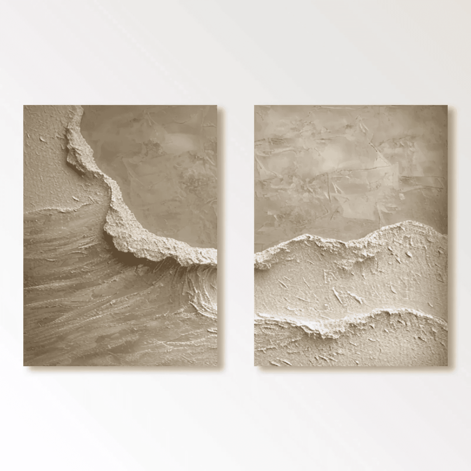 Large vertical minimalist modern 3D textured coastal painting set of 2 with brown and beige earth tones, sculptural plaster w