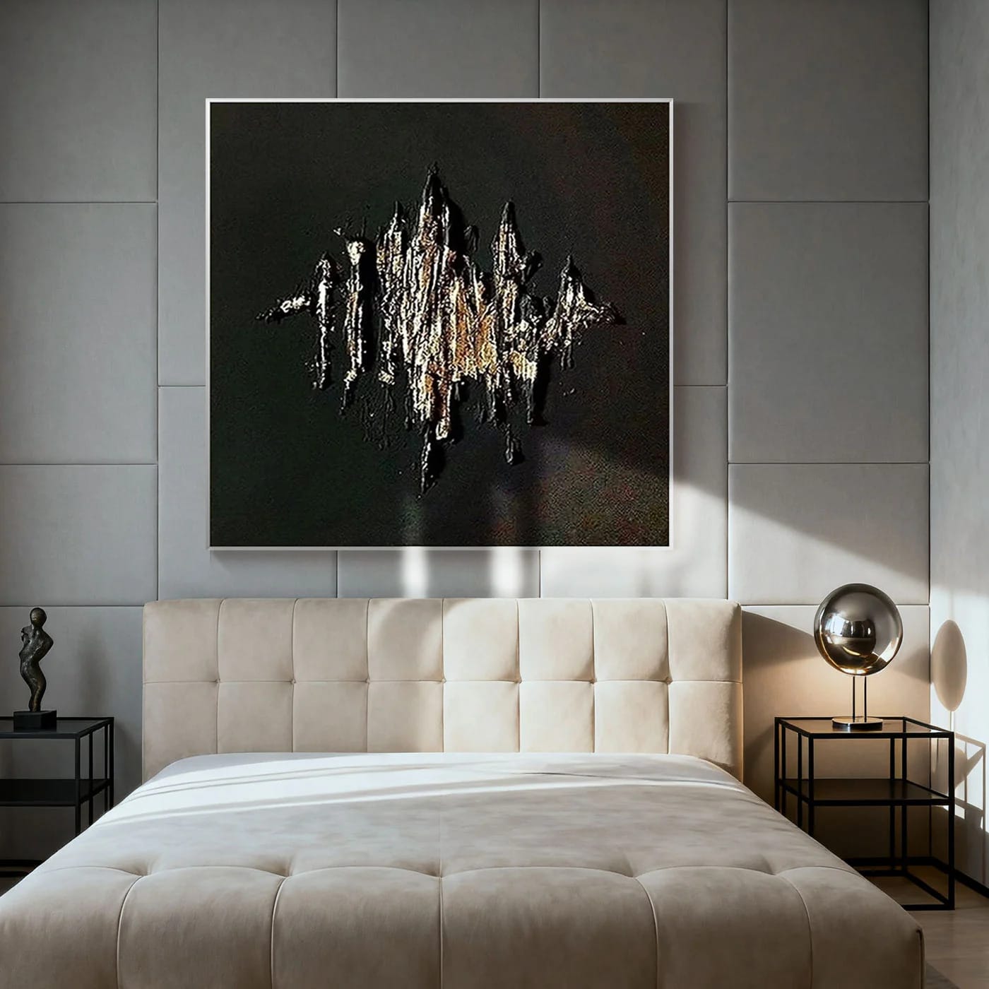 3D Textured Minimalist Wall Art 'Burning Form' - Hand-painted abstract framed canvas with metallic accents