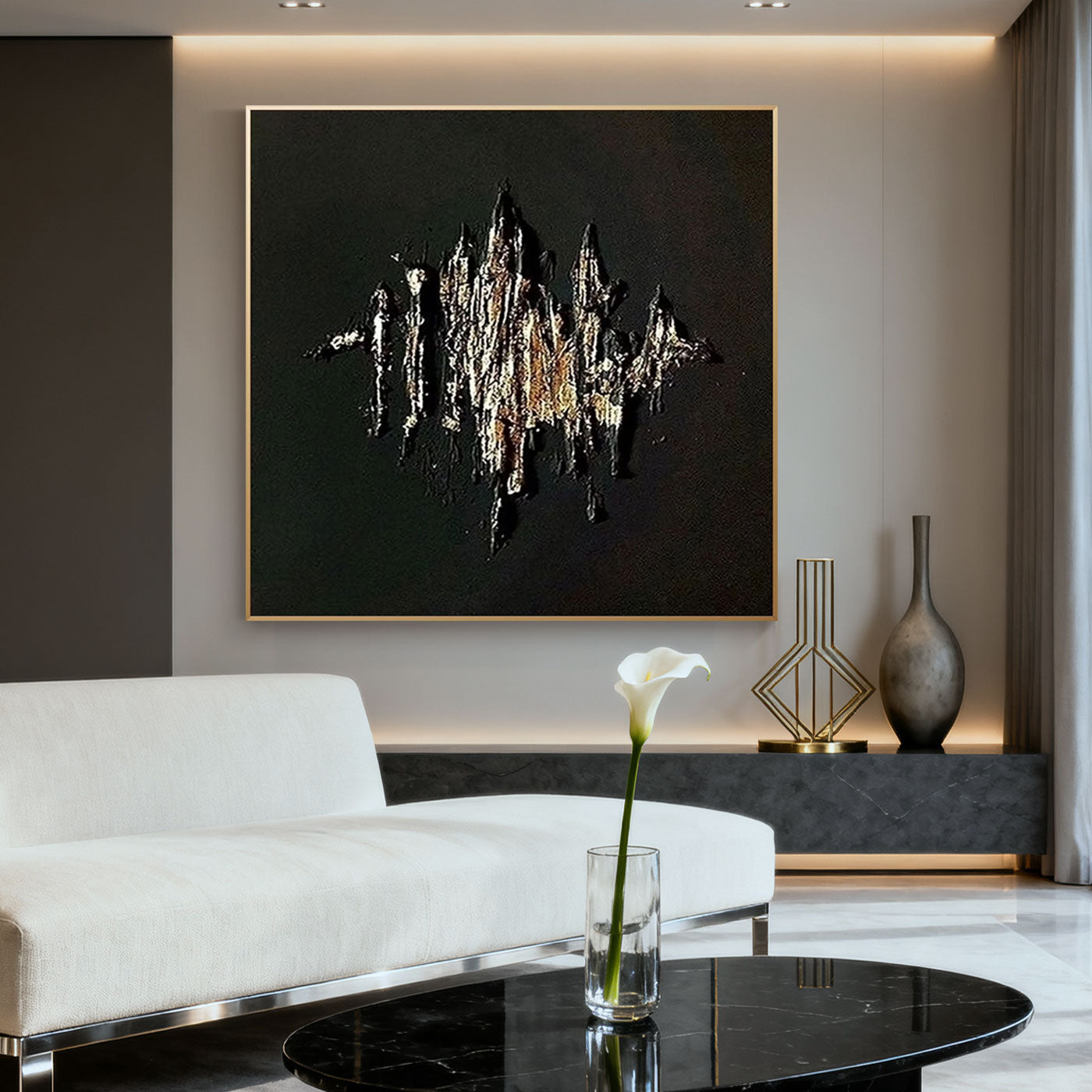 3D Textured Minimalist Wall Art 'Burning Form' in elegant living room with marble coffee table