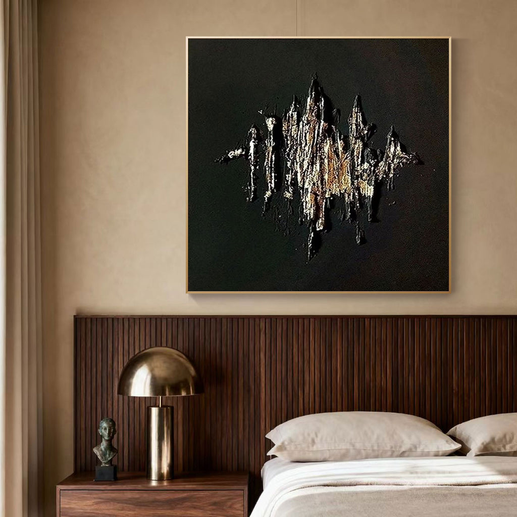 3D Textured Minimalist Wall Art 'Burning Form' above bed in cozy bedroom