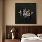 3D Textured Minimalist Wall Art 'Burning Form' above bed in cozy bedroom