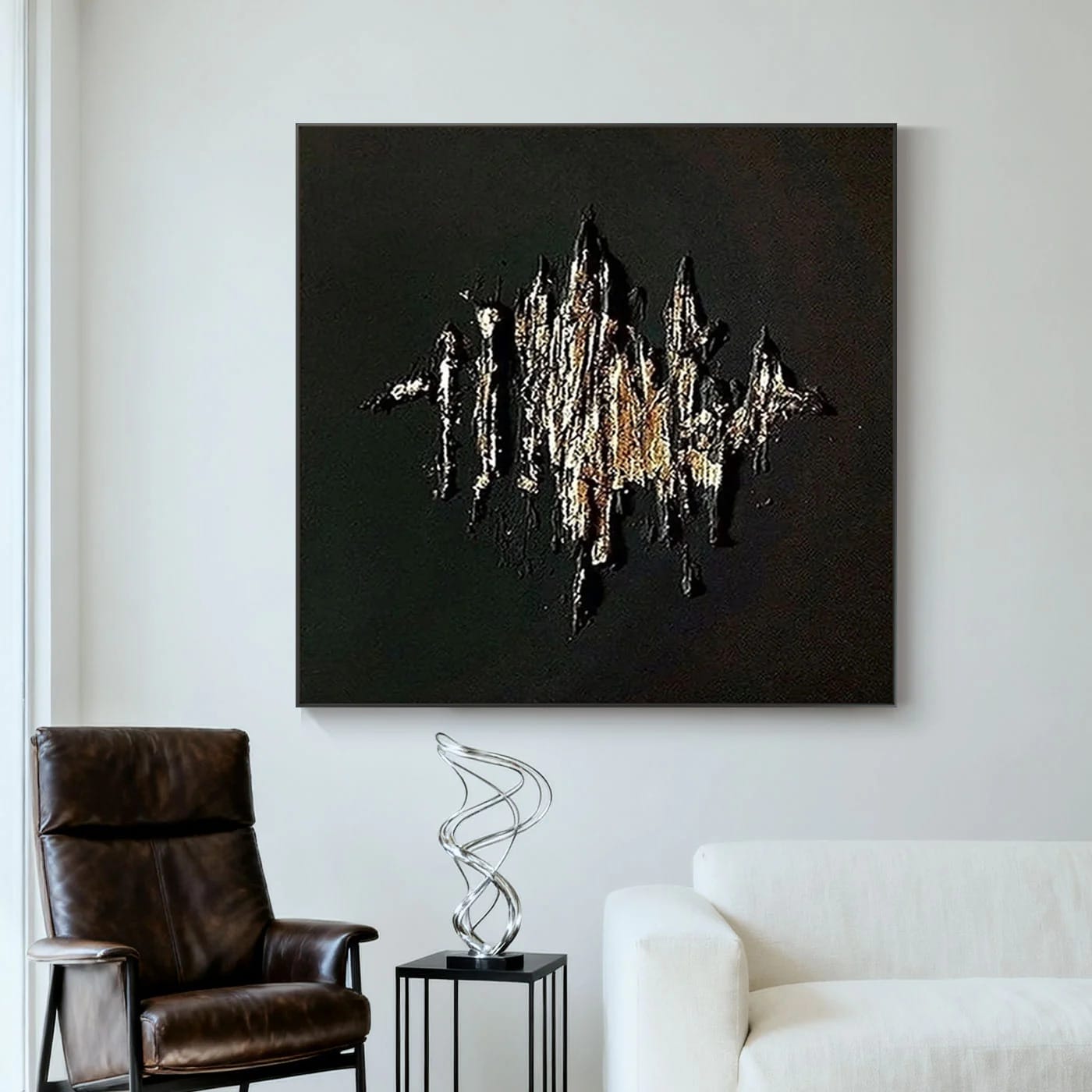 3D Textured Minimalist Wall Art 'Burning Form' in modern living space with leather seating