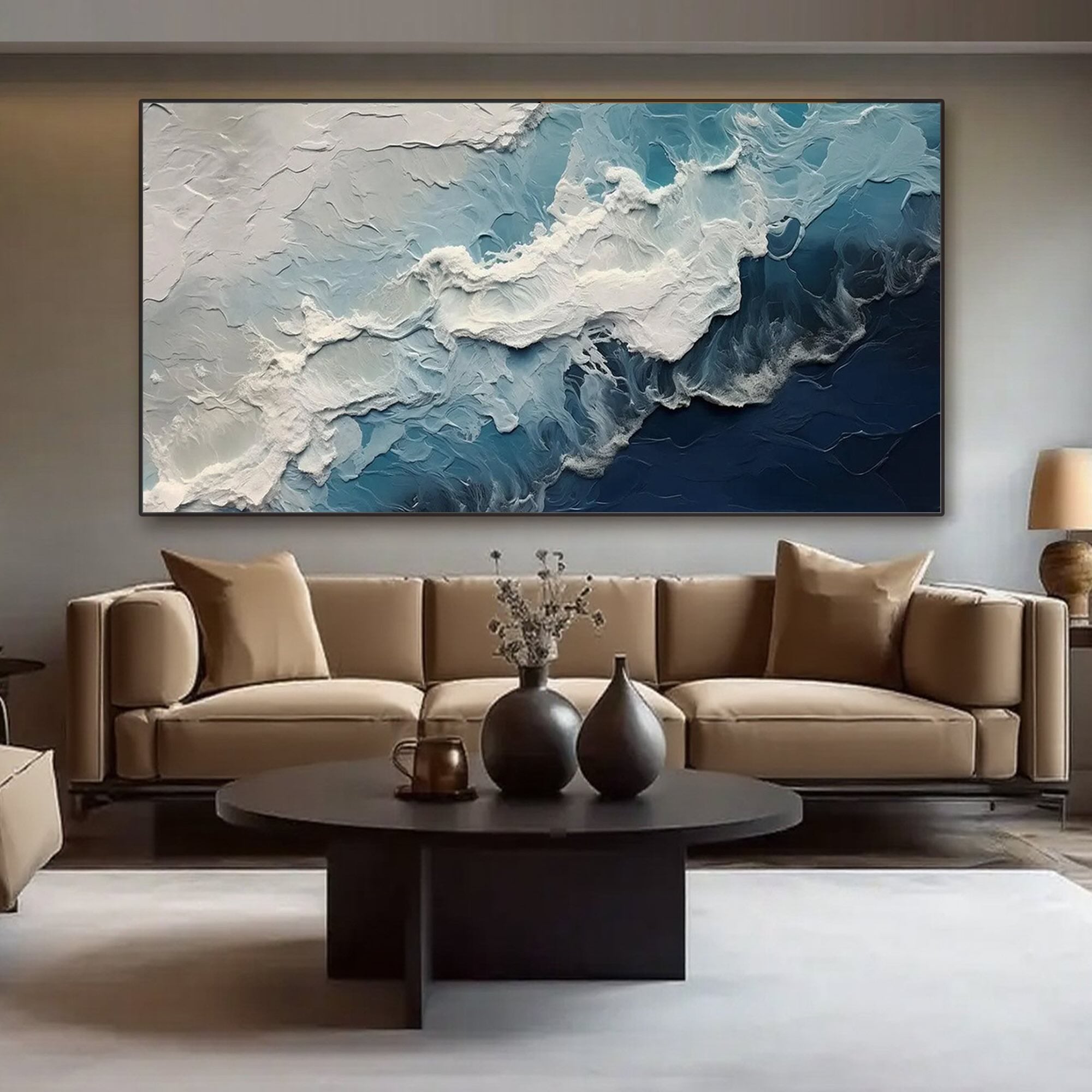 Textured ocean wave canvas art in a living room setting.