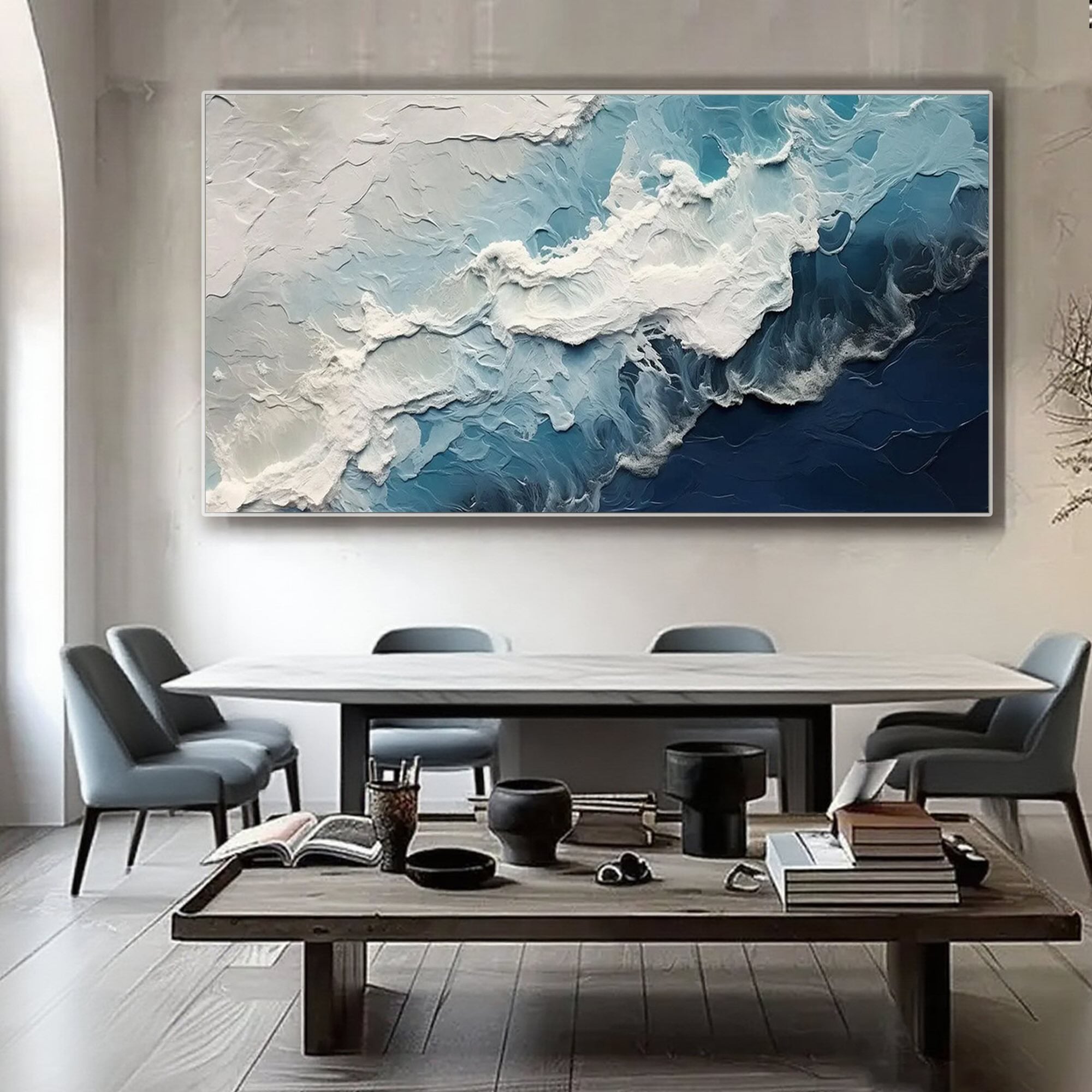 3D textured ocean wave art close-up showing brushstrokes and detail.