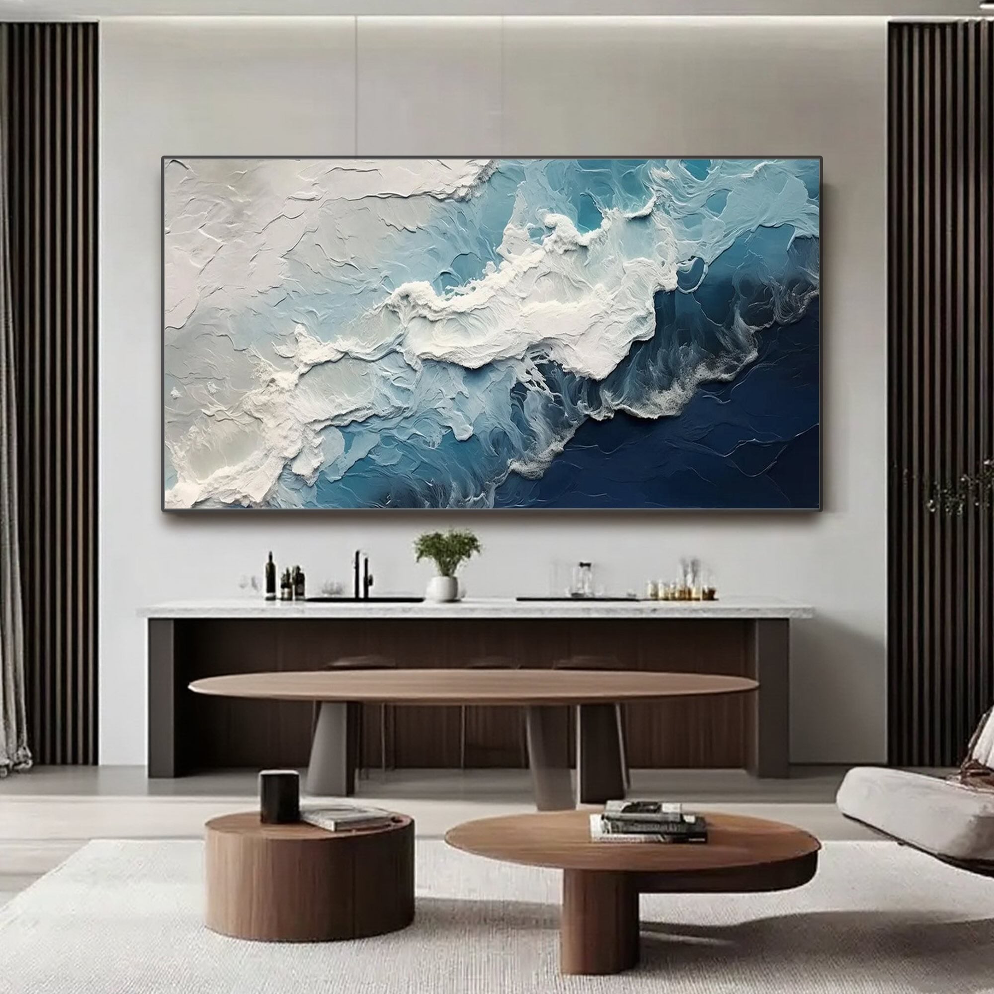 3D textured blue ocean wave canvas art close-up detail.